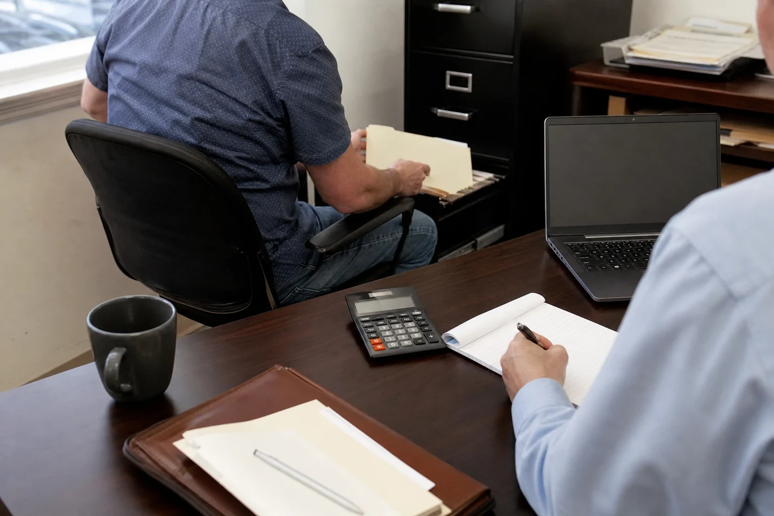 A man in a blue shirt pulls a folder from a black filing cabinet while another person at the desk writes on a notepad beside a calculator, laptop and coffee mug.