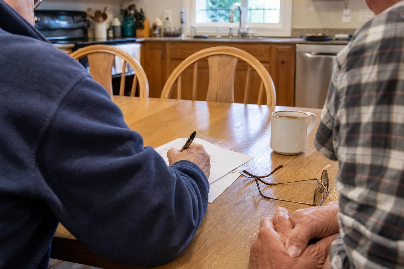 Two people at a wooden kitchen table, one writing on a short paper form, with reading glasses and a coffee mug nearby and kitchen cabinets and a window behind