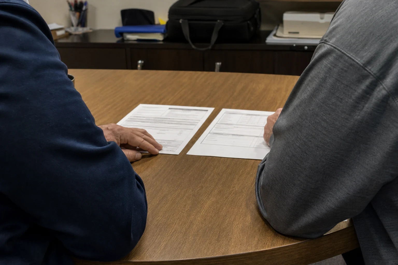 Two people seated at a round wooden office table reviewing two printed documents laid side by side, with a briefcase and printer on a credenza behind them